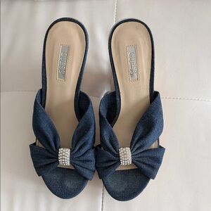 Guess Denim Bow Mules with Rhinestones